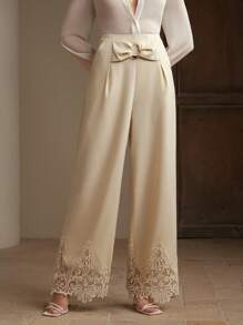Anewsta Women's Design Waist Cinching High-End Elegant Lace Splice Long Pants - Khaki - View 6