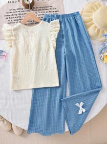 Apricot T-Shirt With Cap Sleeves And 3 Flower Appliques Paired With Casual Yellow Elasticated Waist Pants, School, Campus, College - Blue - View 2