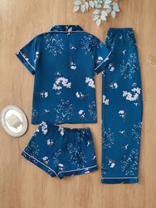 LuxeNights 3 件套女士优雅花卉印花翻领衬衫上衣和短裤及长裤睡衣套装，仿丝 - 水鴨藍 - 查看 2