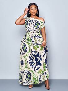 SOLERSUN Vestido de moda elegante para primavera y verano en talla grande, para usar en la oficina, con hombros ladeados, mangas cortas, falda amplia, adecuado para pasear, ir a la playa, de viaje o en citas