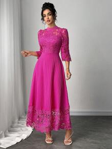 Modelyn Vestido de manga larga con bordado floral amarillo y patchwork - Rosa Fucsia - Ver 3