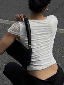 DAZY Sheer Lace V Neck Fitted Sexy Short Sleeve Women T-Shirt Y2k - White - View 2