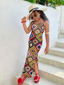 青少年女孩热带休闲时尚度假紧身钩针印花连衣裙母子装（2 件单独出售） - 彩色 - 查看 2