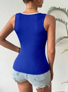 SHEIN ChicEase 正面撞色心形领无袖修身背心，夏季时尚 - 寶藍色 - 查看 2