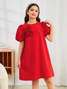 SHEIN Tween 女童休闲优雅 3D 花朵装饰圆领修身宽松 A 字泡泡袖纯色梭织连衣裙，红色 - 紅色 - 查看 5