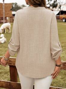 EMERY ROSE Camisa de talla grande de unicolor con cuello vuelto y mangas enrollables para vacaciones - Albaricoque - Ver 2