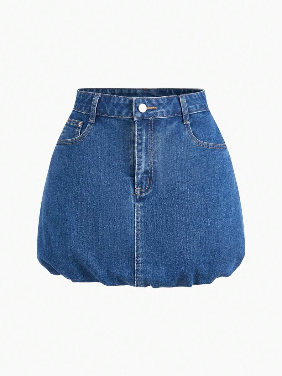 MOTF STUDIO SLANT POCKET PUFFBALL DENIM SKIRT - Blue - View 2