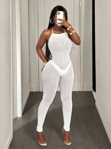 BamGleam 女式镂空渔网紧身连衣裤，低领 - 白色 - 查看 6