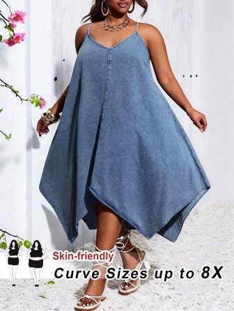 SHEIN CURVE+ 加大码女式蓝色牛仔五分短裤，街头性感宽松裤 Y2k 斜口袋牛仔七分裤，Curve Plus，波西米亚度假风