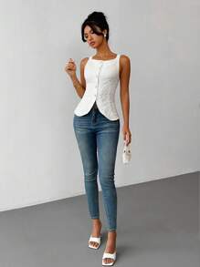 Gloray Ärmellose, elegante Damen Bluse mit Perlknöpfen vorn