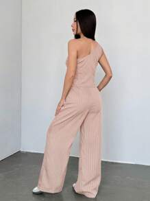 SHEIN Unity 2pcs Casual Khaki Striped Asymmetric Women's Set - Baby Pink - View 2