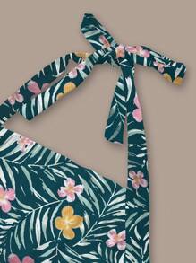 INAWLY Women's Tropical Plant Print Ruffle Halter Neck Top, Vacation Style - Multicolor - View 3