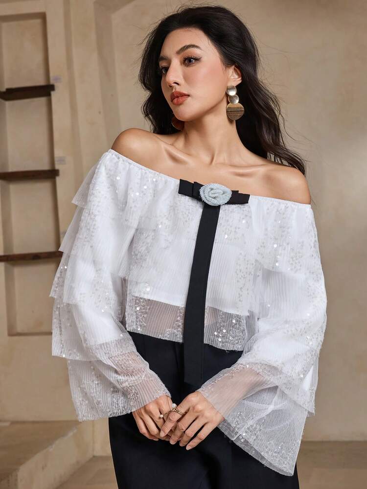 Women's Sequin Decorated Layered Bell Sleeve Rose & Bow Color Block Off Shoulder Sexy Casual Party T-Shirt, Lovely Summer Top For Festivals Fall,Winter Glitter Top