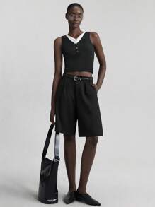 Ontre 2025 Spring & Summer Women's Sleeveless Solid Color Minimalist Fashion Suit For Business, Casual, Daily Commute, Black Color Cropped Top, Stitching Top Tank Top, Black And White Stitching Top - Black and White - View 2