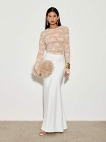 AiiRZ Sheer Lace Fitted Round Neck Thumb Hole Top Black - Baby Pink - View 4