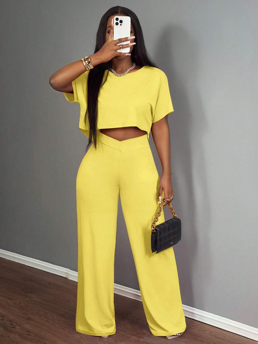 Slaydiva Bộ đồ hai mảnh vải dệt kim màu đỏ hồng cho nữ - Bộ đồ hai mảnh màu vàng cho bữa sáng muộn Bộ đồ hai mảnh cao - Màu vàng - Xem 1