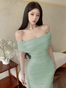 Modelyn Women's Off Shoulder Ruched Waist Elegant Long Dress, Suitable For Wedding Or Date - Mint Green - View 6