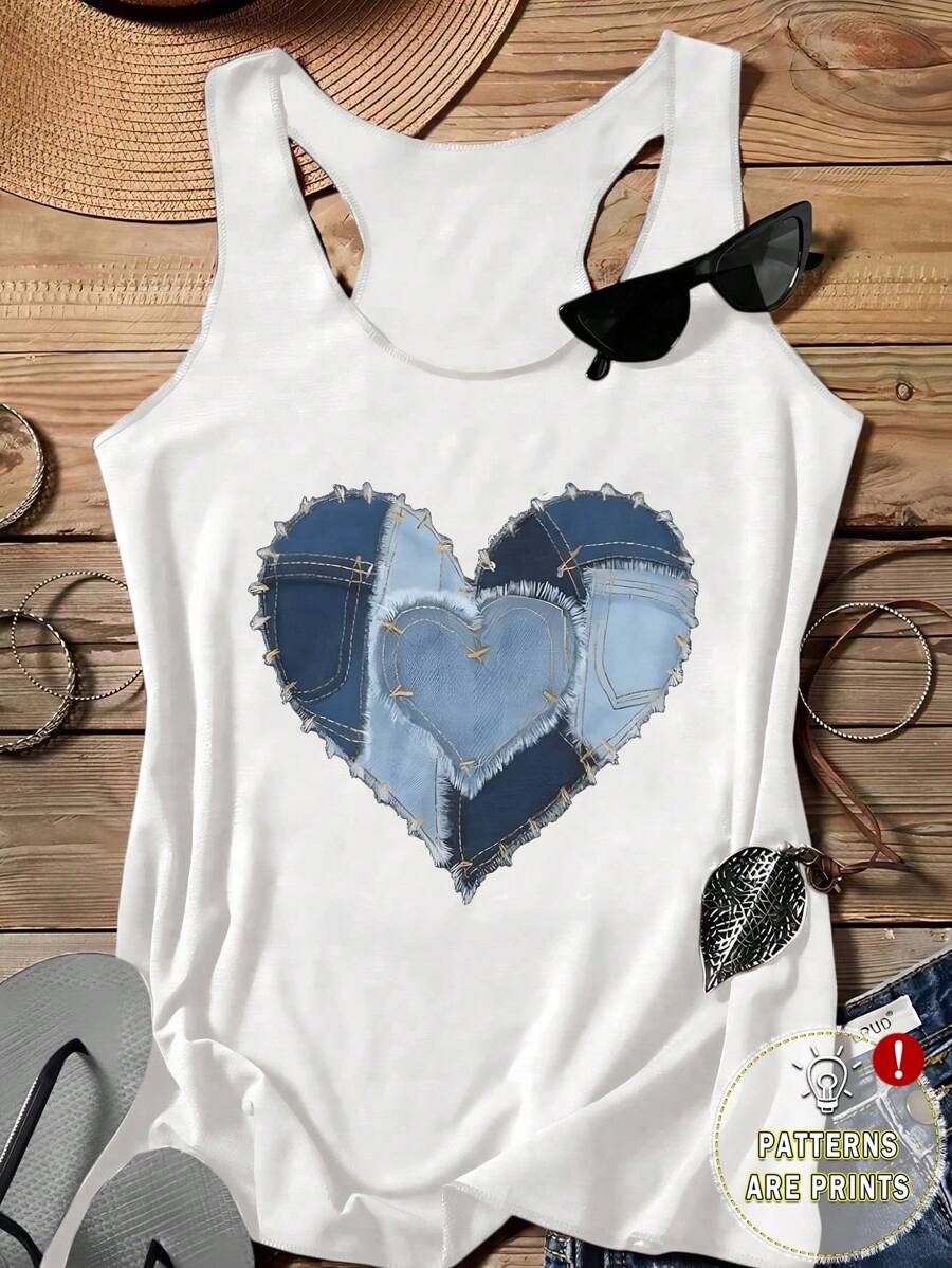 SHEIN LUNE 女士休闲牛仔效果心形吊带背心，略微透视夏季返校季休闲款 - 白色 - 查看 1