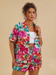 SHEIN VCAY 大码女式夏季花卉印花落肩口袋衬衫和短裤休闲两件套服装 - 彩色 - 查看 4