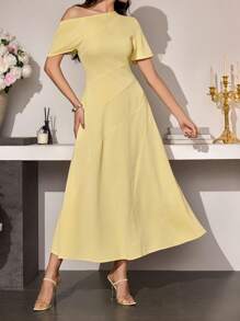 Modelyn 1pc Women's Asymmetric Waist Minimalist Dress, Spring/Summer - Yellow - View 8
