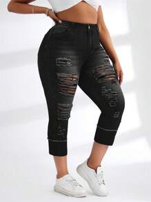 SHEIN SXY Plus Size Women Stretchy Blue Denim Ripped Ankle Length Jeans Autumn Outfits For Women Festival Outfits  Capris For Women - Black - View 8