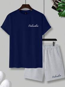 Manfinity Homme 男士夏季休闲字母印花T恤和短裤套装男士短款服装男士夏季服装男士短裤服装 - 彩色 - 查看 4