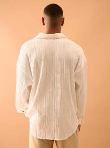 Musero 男士纹理褶皱长袖纽扣衬衫 秋季街头风度假休闲 - 白色 - 查看 3