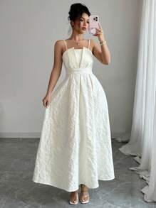 Selianne 女士优雅休闲性感通勤浪漫波西米亚海滩度假下午茶派对纯色提花方领公主腰交叉下摆长款连衣裙，春夏 - 杏色 - 查看 6