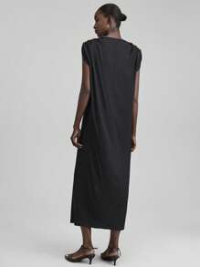 Ontre Vestido maxi de unicolor simple con decoración metálica, primavera/verano 2025, negro, vestido de graduación para mujer, vestido casual, vestido de Pascua, vestido elegante, vestido fluido, vestido de fiesta, vestido minimalista, vestido de Pascua, vestido de fiesta, vestido digno, vestido de vacaciones para mujer, vestido cómodo, vestido de dama de honor, vestido de playa - Negro - Ver 4