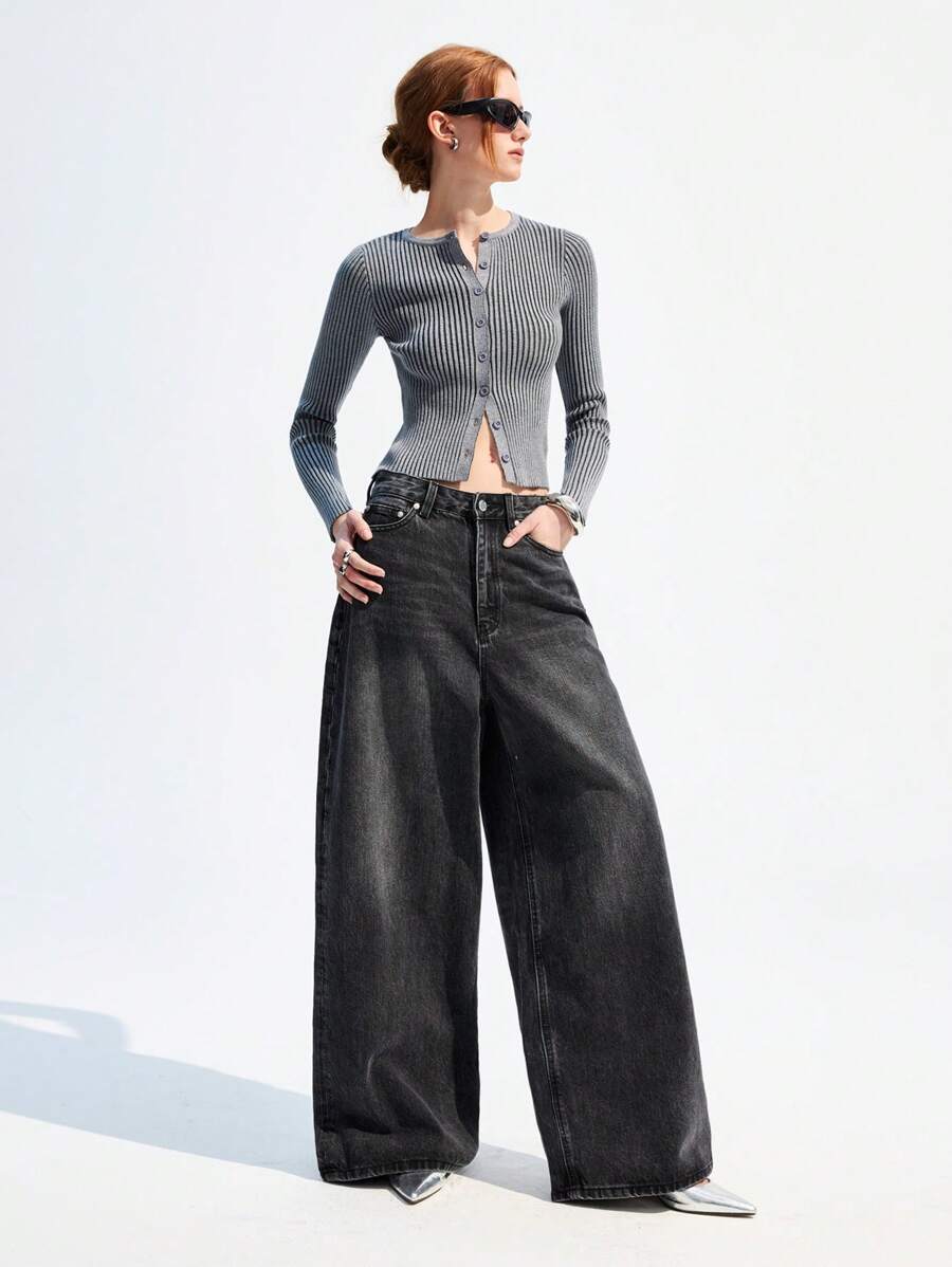 SHEIN EZwear Suéter corto de punto con botones frontal casual para otoño para mujer