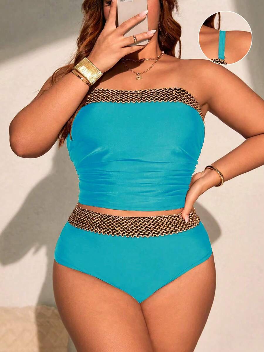 SHEIN Swim Curve 2pcs/Set Women Plus Size Black Crochet Patchwork Crop Top & High Waisted Crochet Patchwork Triangle Bottoms Bikini Set, Casual And Vacation Wear For Summer - Baby Blue - View 1