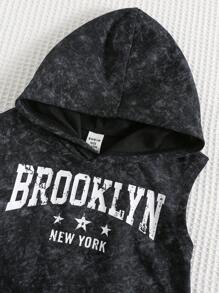 SHEIN 2 件套婴儿男孩/女孩休闲街头时尚字母图案连帽无袖背心和短裤套装，适合室内、户外、日常穿着、运动、玩耍、派对、拍照、度假、春夏季 - 黑色 - 查看 7