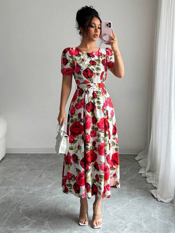 Elenzga Floral Print Round Neck Belted Waist Elegant Short Sleeve Dress