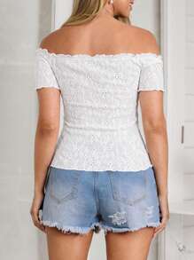SHEIN VCAY Plus Size Casual Solid Off Shoulder Textured T-Shirt - White - View 2
