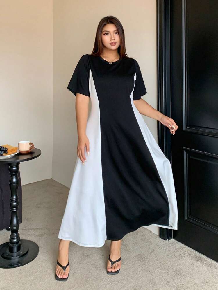 Dazy Plus Casual Color Block Patchwork Short Sleeve Straight Knitted Maxi Dress