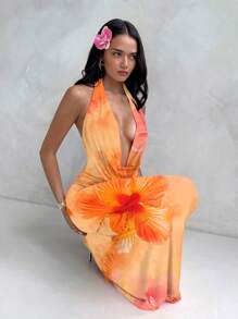 Aloruh Vestido largo con efecto tie-dye naranja, estampado de hibisco y cuello suelto y drapeado, para mujeres, adecuado para vacaciones, playa, fiestas y resorts, estilo veraniego - Multicolor - Ver 1