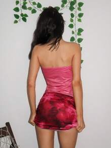 EgrlEra 女士复古棕榈树印花时尚抹胸上衣，适合度假 - 紅色 - 查看 2