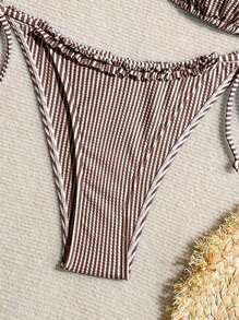 Swim Mod Women's Striped Nautical Patchwork Frill Trim Tie Front Bikini Set For Summer Beach Vacation - Brown - View 3