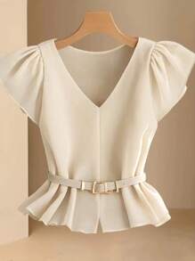 Franclia 女士优雅简约 V 领卡其色衬衫、荷叶边上衣