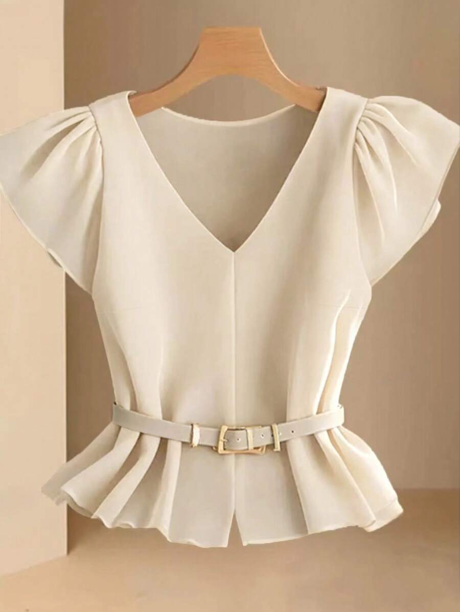 Franclia 女士优雅简约 V 领卡其色衬衫、荷叶边上衣