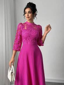 Modelyn Vestido de manga larga con bordado floral amarillo y patchwork - Rosa Fucsia - Ver 5