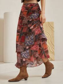 Dazy-Less Bohemian Geometric Print Ruffle Detail Skirt For Women, Summer - Red - View 4