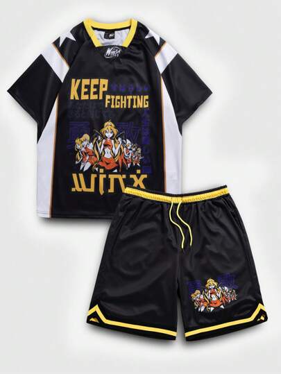 Winx Club X ROMWE Ensemble t-shirt à manches courtes et short décontracté d'été pour homme avec lettres imprimées en blocs de couleurs
