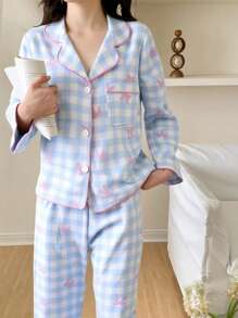 SHEIN Genkimix Kids 2pcs School Girl Pajamas Set For Tween Girls, Cute Butterfly & Gingham Print Long Pants & Long Sleeve Cardigan Loungewear