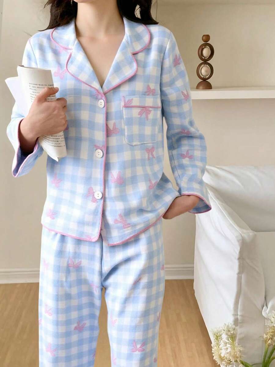 SHEIN Genkimix Kids 2pcs School Girl Pajamas Set For Tween Girls, Cute Butterfly & Gingham Print Long Pants & Long Sleeve Cardigan Loungewear