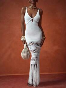 Zivah 2025 Nowa Letnia Plaża Wakacje Plaża Sukienka Plażowa Impreza Plaża Szelki Dekolt w Serek Szydełkowy Tassel Hem Biała Długa Spódnica Płynąca Spódnica Europejska I Amerykańska Elegancka Damska Sukienka Sweterowa - Biały - Zobacz 8