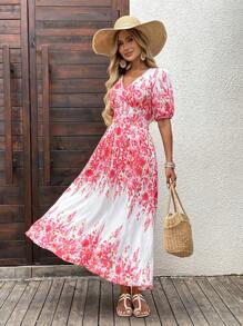 SHEIN LUNE Vacation Outfits Woman Floral Print Mid-Length V-Neck Short Sleeve Dress, Long Dress - Multicolor - View 4