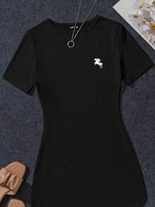 INAWLY Simple Casual Temperament Commuting Versatile Pony Pattern Black Round Neck Women's Slim Dresses - Black - View 3