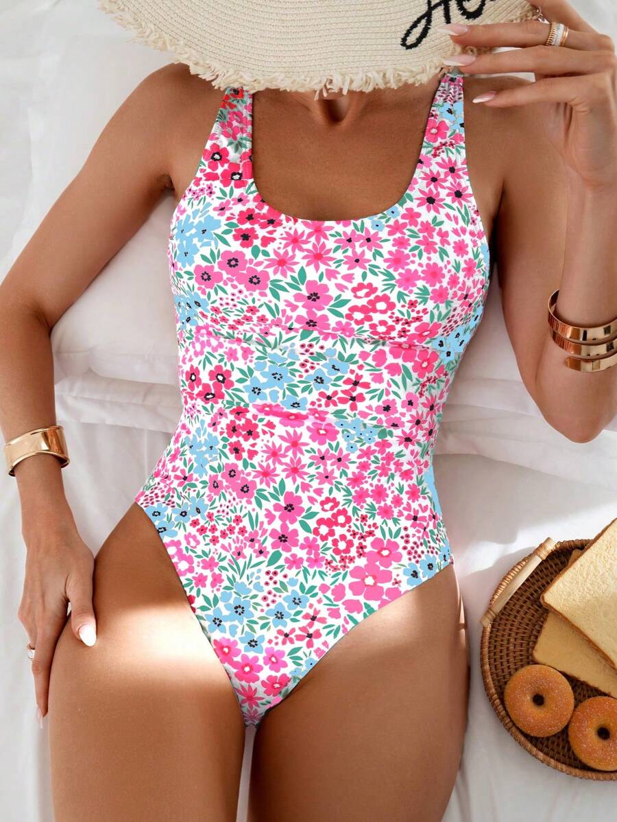SHEIN Swim 1 件女士度假海滩花卉印花露背连体泳衣 - 彩色 - 查看 1