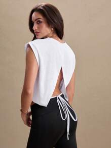 Gameset SHEIN Sport Women Round Neck Solid Color Casual Loose Fitting Sports Camisole - White - View 2